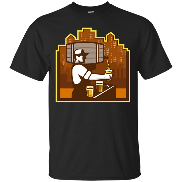 BARTENDER POURING BEER KEG CITYSCAPE RETRO - Bartender Pouring Beer Keg Cityscape Retro T Shirt & Hoodie