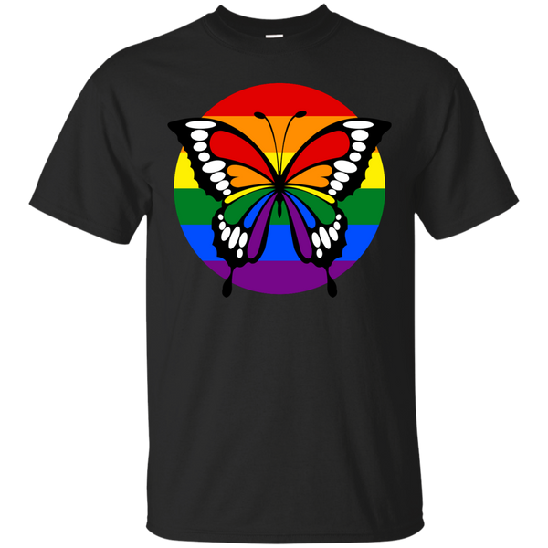 LGBT - Button Rainbow Flag Stripes Butterfly Silhouette butterfly T Shirt & Hoodie