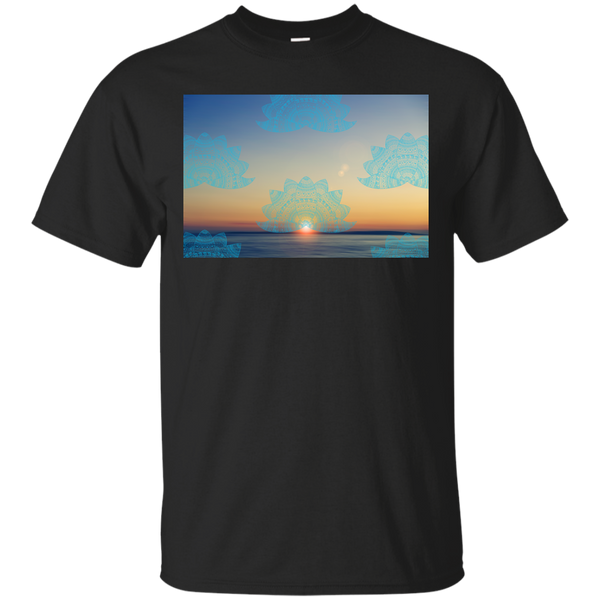 Yoga - Teal lotus doodle mandala on blurred sunset with sun flare T Shirt & Hoodie